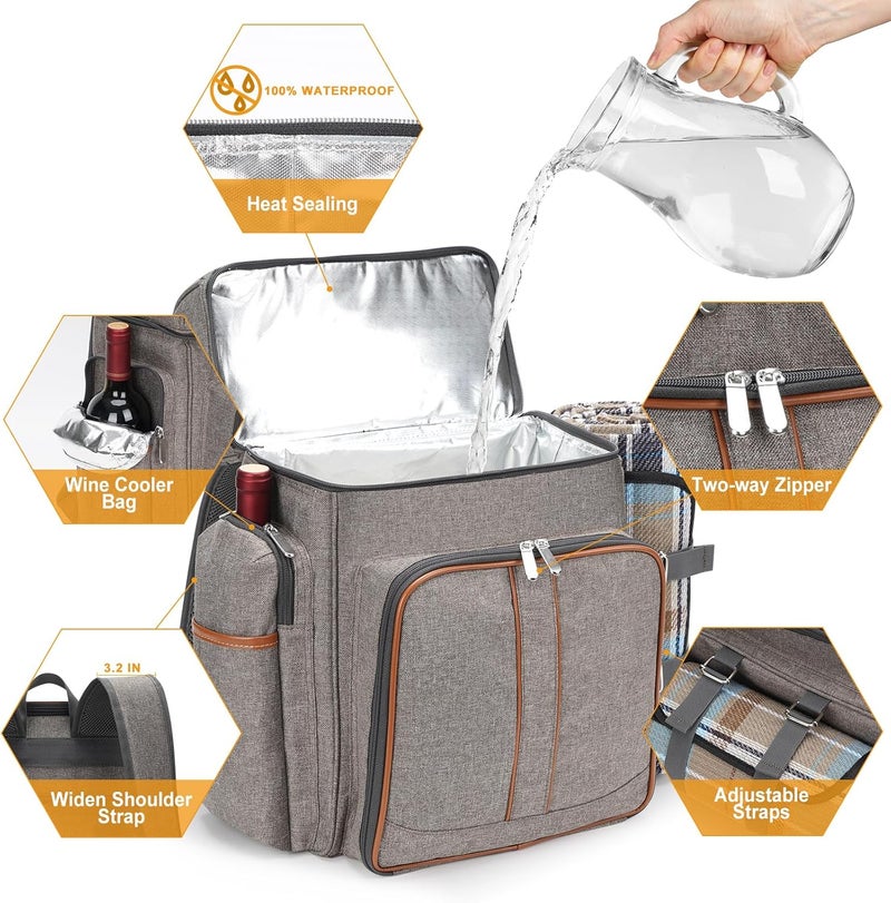TwentyNext Picnic Backpack for 4, Picnic Basket Set, Leakproof Picnic Bag, Beach Cooler Backpack with Insulated Cooler Wine Pouch,Picnic Blanket, Double Deck Picnic Backpack for Beach,Camping,Park(BrushedKhaki) - Image 3